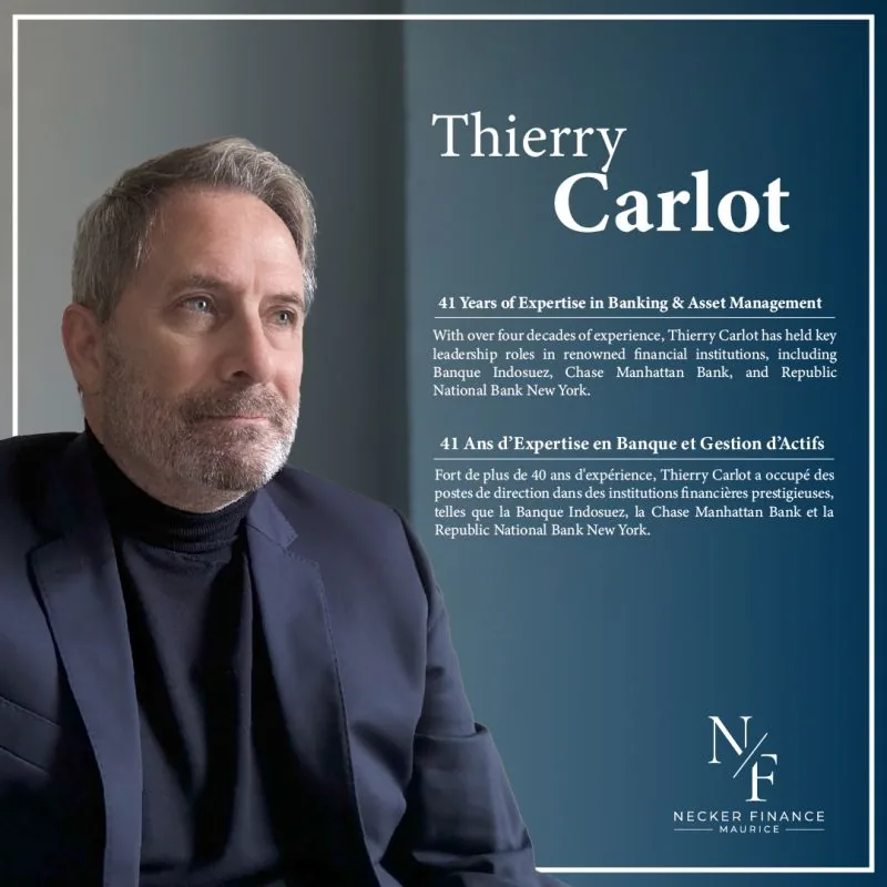 Necker Finance card introducing Thierry Carlot, with 41 years of expertise in banking and asset management, including leadership roles at Banque Indosuez, Chase Manhattan Bank and Republic National Bank New York