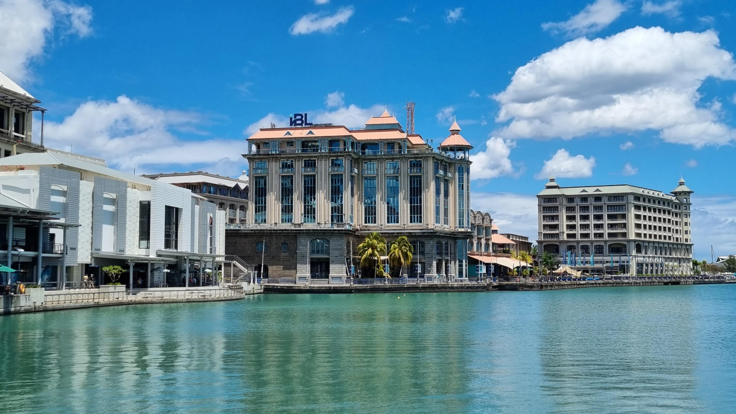 Mauritian waterfront architecture beside the Indian Ocean.